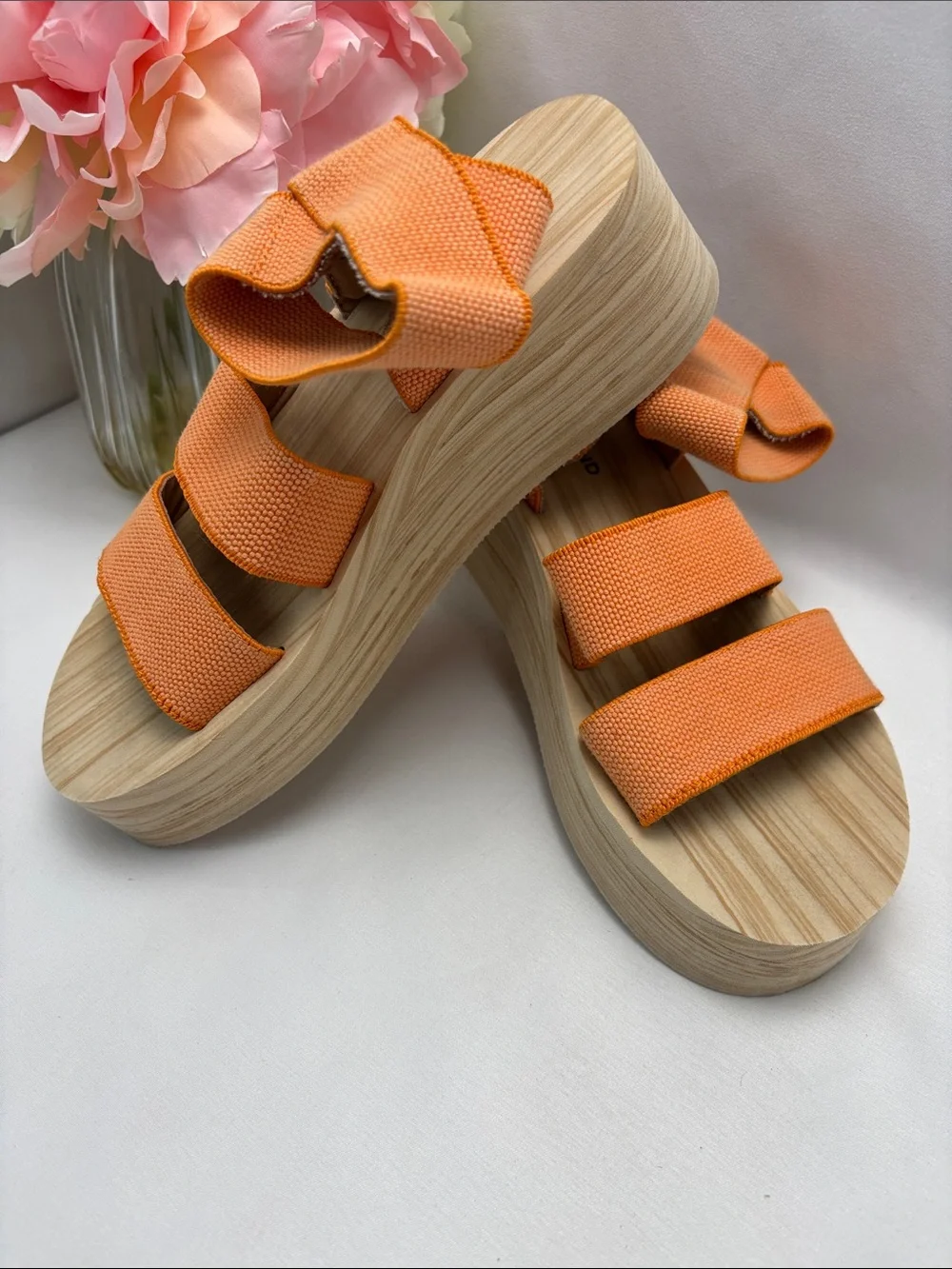 Lucky‎ Brand Women’s 5 Orange Platform Sandals with Wood-Effect Wedge #365 OBO